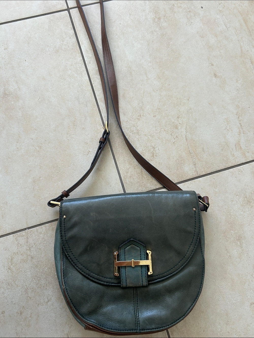 Dark Green Leather Crossbody Bag with Brown Strap